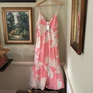 NEW H&M Pink Cloud Flower Dress Size L Large draw-string side resort vacation